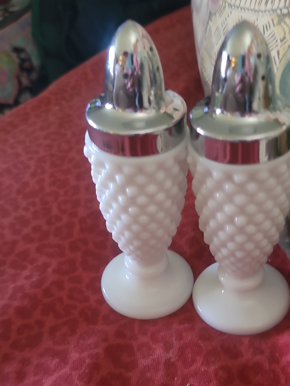 Westmoreland White Hobnail Milk Glass Salt and Pepper Shakers with Silver Tops